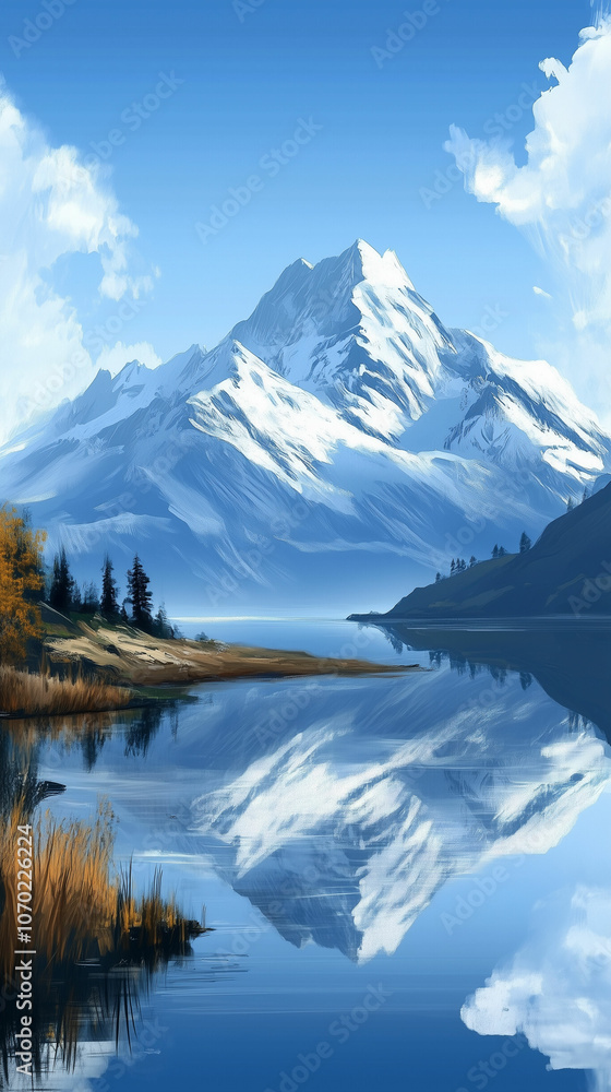 Majestic snow-capped mountain reflecting in a serene lake under a clear blue sky Majestic snow-capped mountain reflecting in a serene lake under a clear blue sky