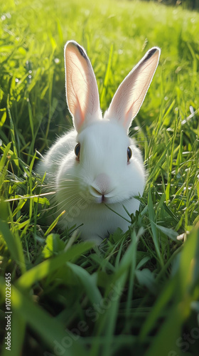 A playful white rabbit resting in lush green grass on a sunny afternoon outdoors