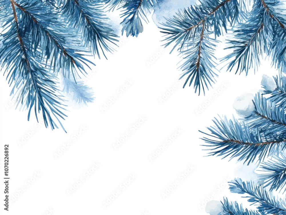 Obraz premium Snowy Blue Pine Branches on White Background