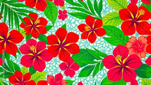 Vibrant Red Hibiscus Blooms Against a Delicate Blue and White Patterned Background, Enhanced by Lush Green Foliage