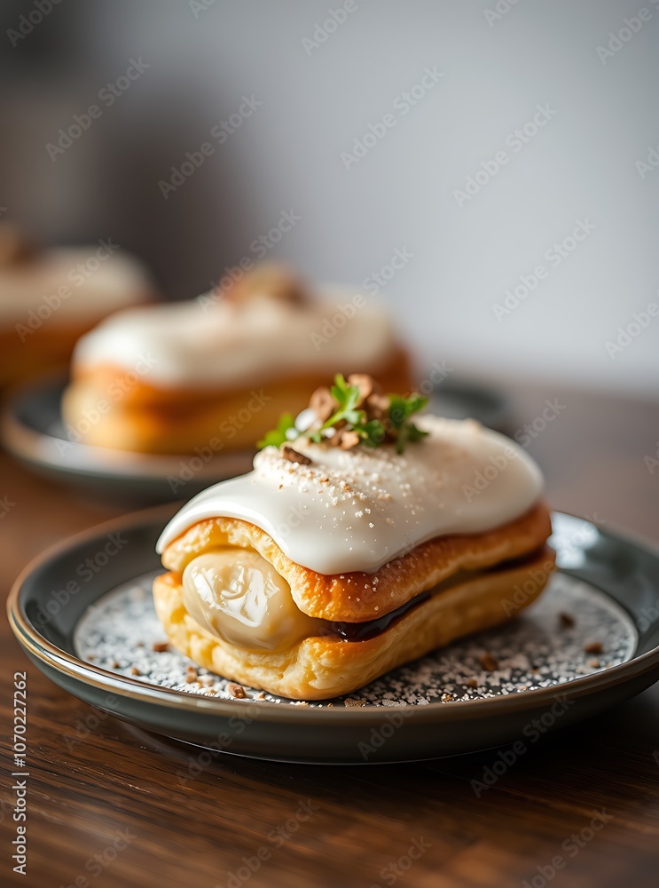 Traditional french Eclairs with chocolate. Tasty colorful dessert profiteroles Traditional french Eclairs with chocolate. Tasty colorful dessert profiteroles