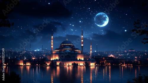 Night Cityscape with Mosque and Crescent Moon Illustration