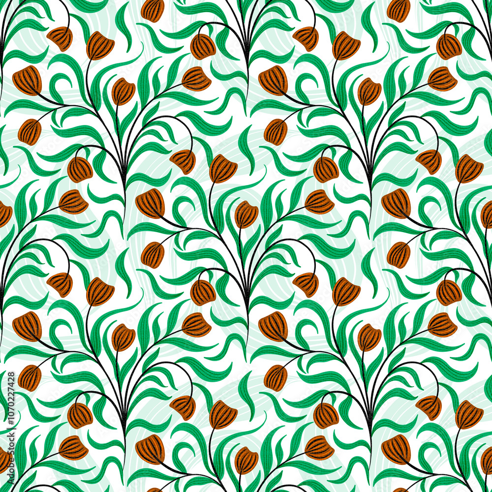 Seamless pattern with leaves and tulip flowers. Hand drawn illustration for fabric design, wrapping papers, tiles. Seamless pattern with leaves and tulip flowers. Hand drawn illustration for fabric design, wrapping papers, tiles.