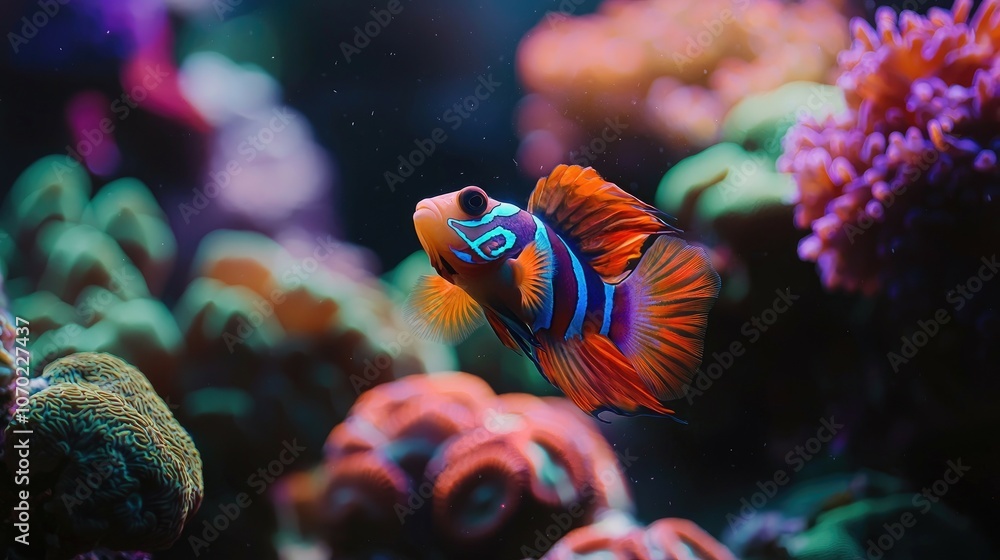 Fototapeta premium A vibrant orange and blue fish swims among coral reefs in an aquarium.