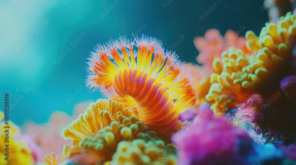 A vibrant orange and pink tube worm emerges from coral. A vibrant orange and pink tube worm emerges from coral.