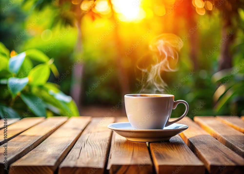 Obraz premium A cup of coffee, a wooden table, and the open sky â€“ a quiet moment captured.