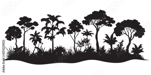 Jungle Silhouette: A dramatic and elegant silhouette of a lush tropical jungle, featuring a variety of palm trees, ferns, and other foliage, perfect for creating a sense of adventure and mystery. 