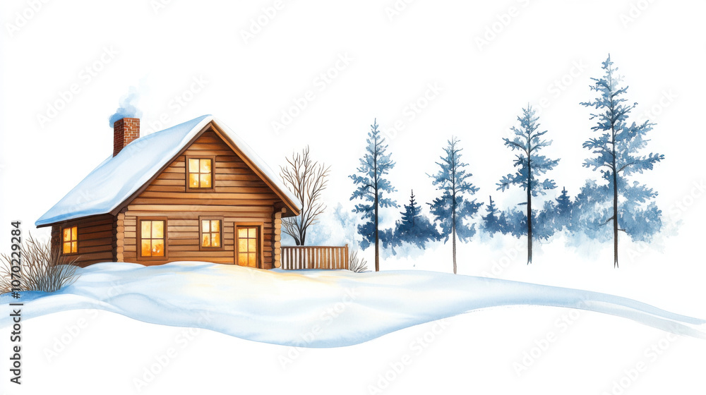 Christmas winter and holidays, Cozy snow covered cabin with warm light glowing from windows, surrounded by winter trees. serene winter landscape evokes sense of peace and comfort Christmas winter and holidays, Cozy snow covered cabin with warm light glowing from windows, surrounded by winter trees. serene winter landscape evokes sense of peace and comfort