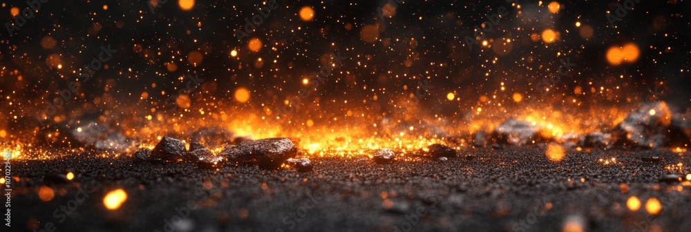 Naklejka premium Burning Abstract Hot, Sparkling Fire Embers Above Black Coal With Smoke On Dark Background