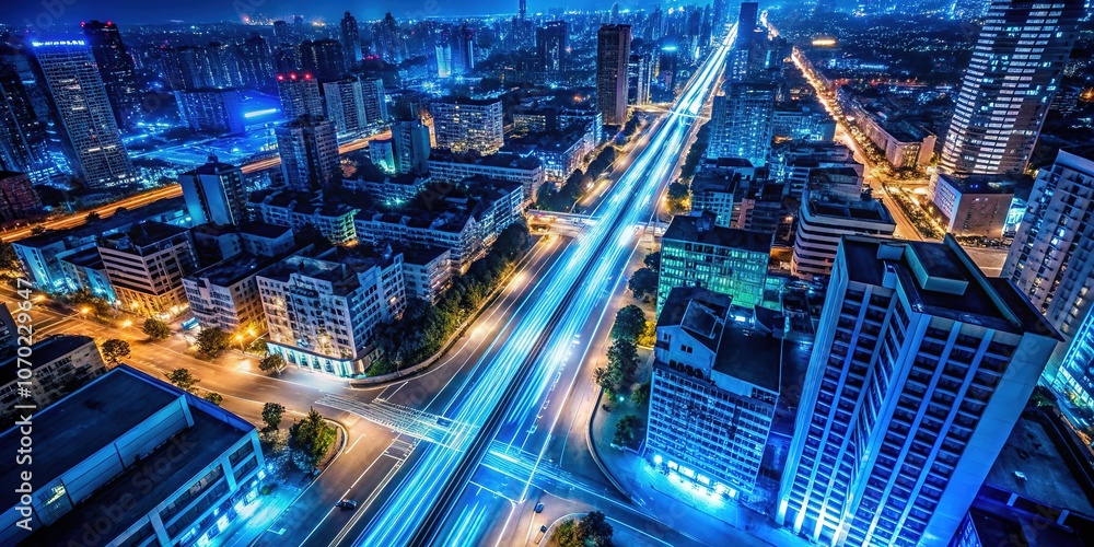 Aerial View Blue LED Strip Night Cityscape Aerial View Blue LED Strip Night Cityscape