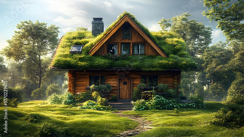 Green Roof Wooden House in the Forest Illustration