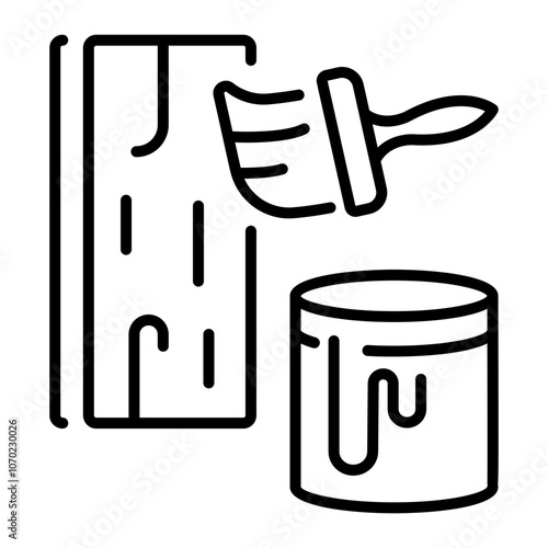 A line icon of coating a wooden panel with wood varnish and a paintbrush 