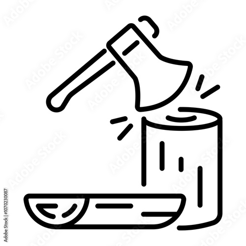 A linear icon of an axe chopping a log, representing a woodcutter