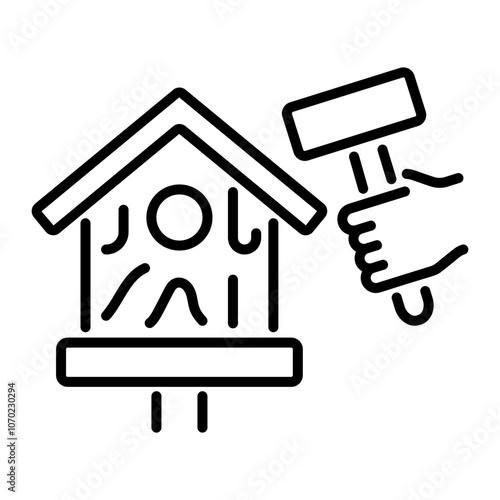 Linear icon of a birdhouse being built with a hammer