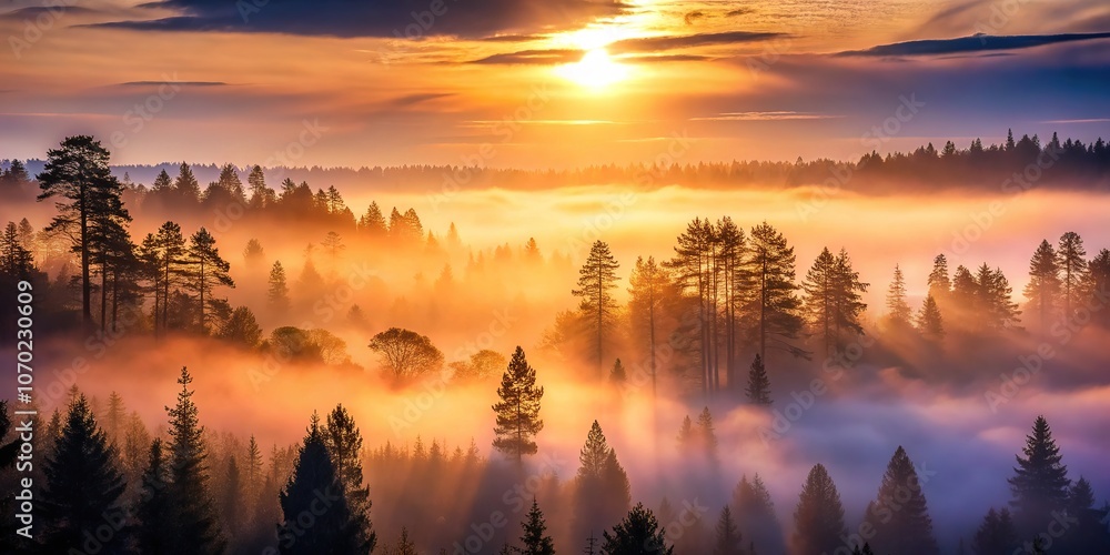 Fototapeta premium A haunting vision of shadowed trees emerging from the mist.