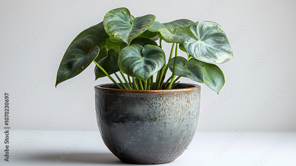 The leaves of a leafy philodendron in a rustic pot are shaped like hearts. The leaves of a leafy philodendron in a rustic pot are shaped like hearts.