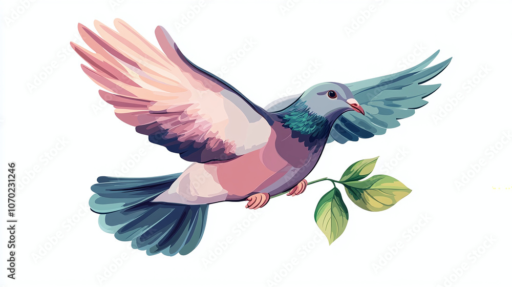 Obraz premium pigeon peace bird symbol 2d illustration png on white background banner graphic design painting artistic artwork world war peace holding green olive branch leaves dove icon clipart iconic flying fly