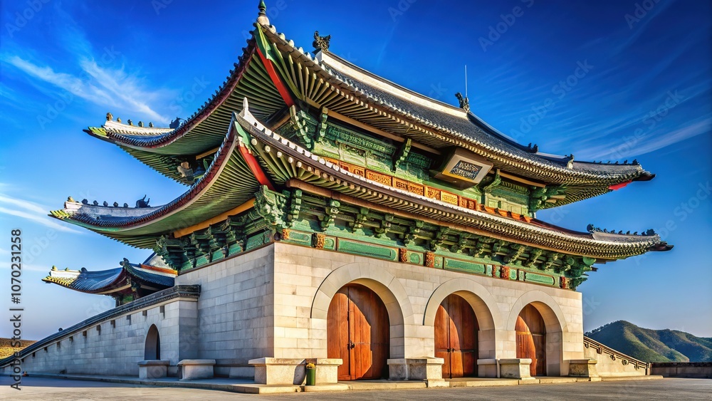 Fototapeta premium AI's vision: Gwanghwamun Gate against a vibrant, cloudless blue sky.
