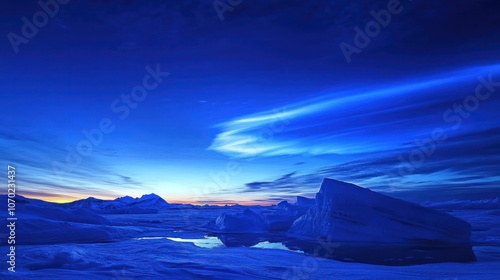 Noctilucent clouds glowing bright blue against a twilight sky, viewed from polar regions photo