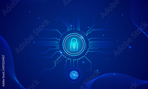 Cyber security vector background with blue gradient, secure padlock icon, connected circuits, and fingerprint symbol, representing data protection technology.