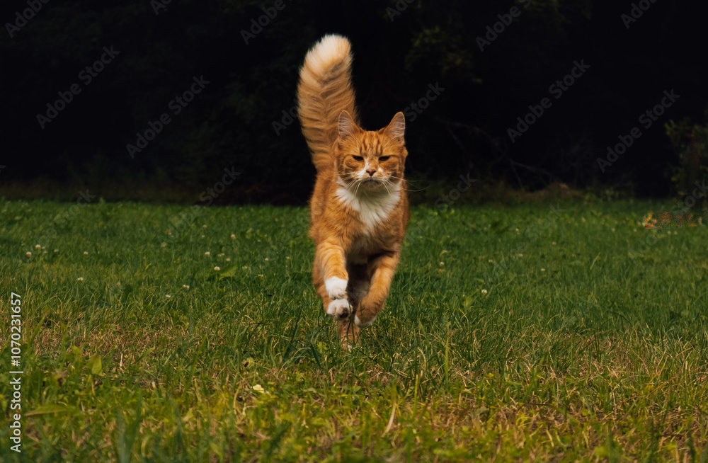 The brown cat is running, enjoying the great weather The brown cat is running, enjoying the great weather