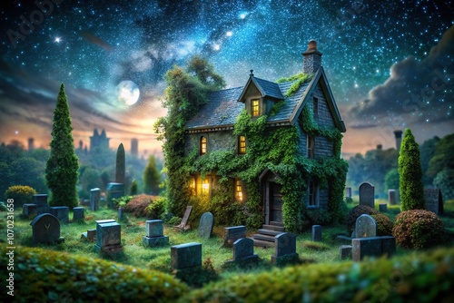 Wallpaper Mural A miniature world of eerie charm: haunted house and tombstones under a tilt-shift sky. Torontodigital.ca