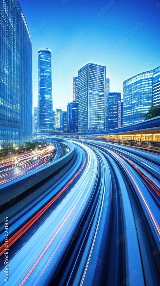 Obraz premium Dynamic cityscape with illuminated roads and modern skyscrapers.