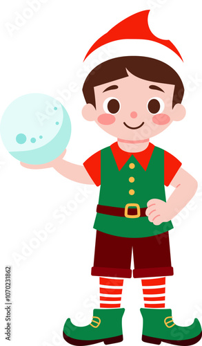 Cute Christmas Elf Boy Holding Snowball Holiday Fun Illustration