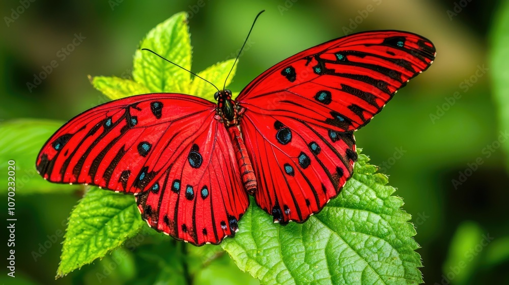 A vibrant red butterfly with black stripes and blue spots perched on a green leaf. A vibrant red butterfly with black stripes and blue spots perched on a green leaf.