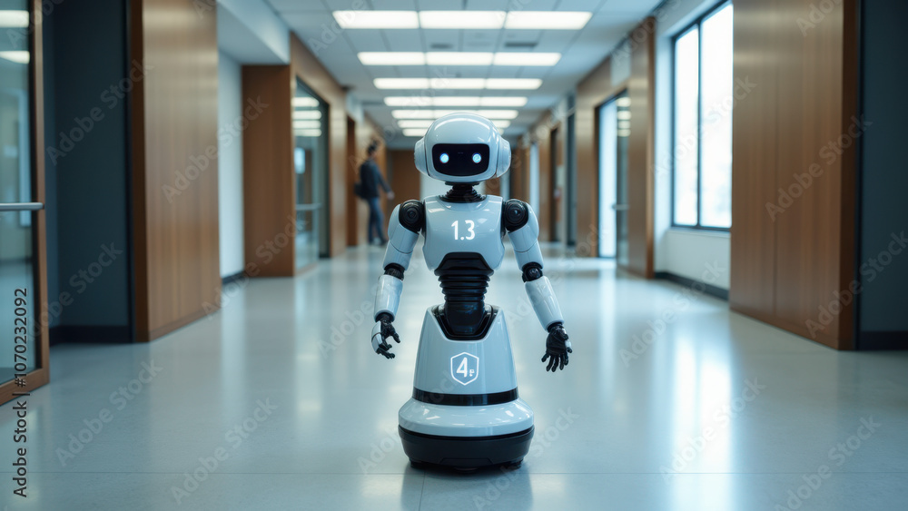 Robotic assistant navigating a modern office hallway with ceiling lights. Robotic assistant navigating a modern office hallway with ceiling lights.