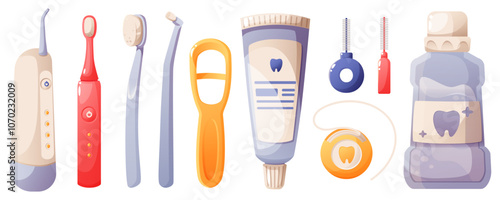 Dental care set, oral hygiene products. Toothpaste, toothbrushes, dental floss, interdental brushes, electric toothbrush, mouthwash, tongue scraper, electric irrigator. Dental care, teeth cleaning.