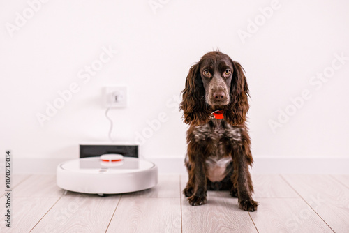 Spaniel dog sitting next to a new robot vacuum cleaner on new white wooden floor photo