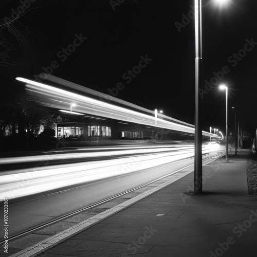 Long exposure of a night tram in black and white, urban setting.
