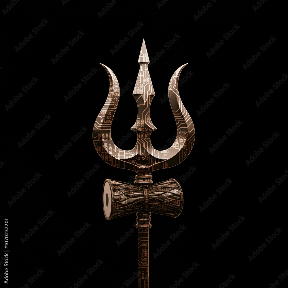 A rustic depiction of Lord Shiva’s trident (Trishul), symbolizing strength, power, and the balance of creation, preservation, and destruction