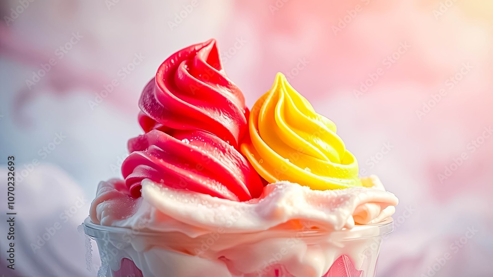 Swirls of Creamy Delights A Close-Up of Soft Serve Ice Cream in a Clear Cup with a Blurred Pink and White Background Swirls of Creamy Delights A Close-Up of Soft Serve Ice Cream in a Clear Cup with a Blurred Pink and White Background