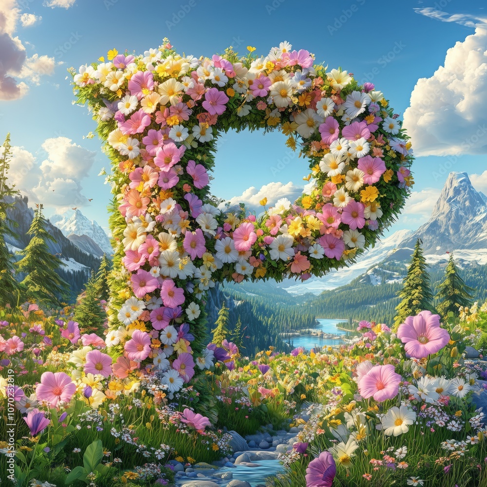 Fototapeta premium Letter 'P' made of colorful blossoms in a bright alpine meadow