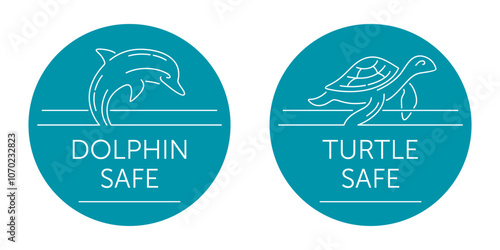 Labels for canned fish - Dolphin Safe, Turtle Safe. In thin line