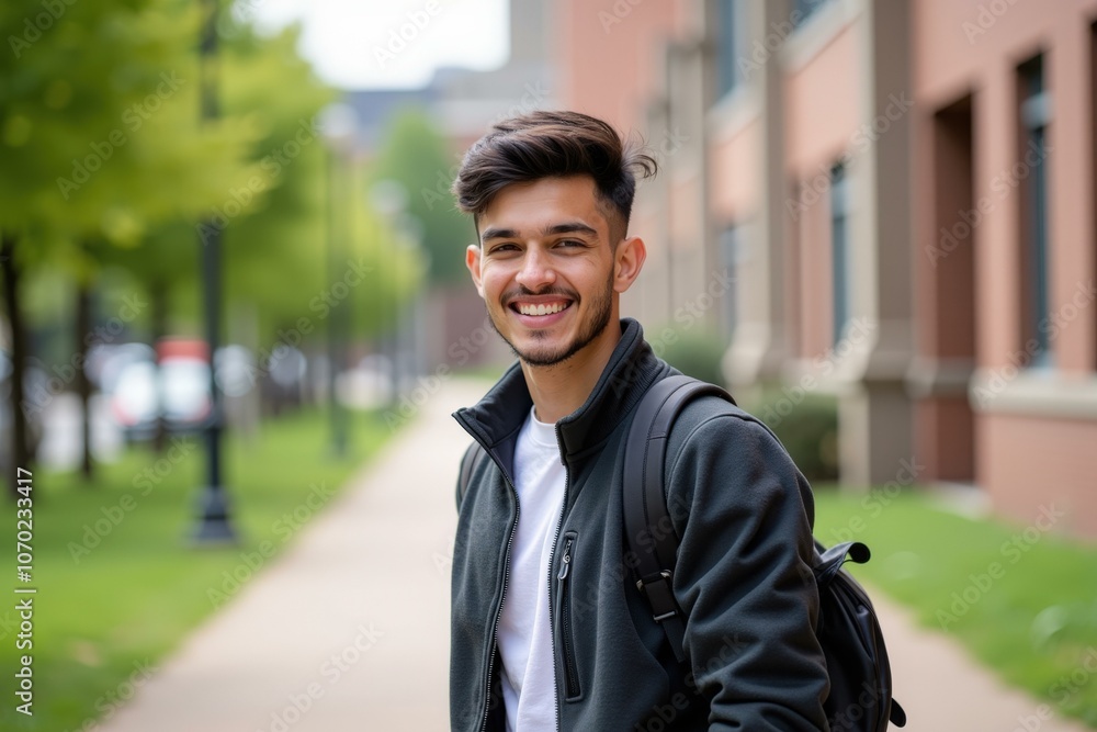 Fototapeta premium Happy Young Man Smiling in Urban Street Setting, Perfect for Advertising, Marketing, and Social Media Campaigns