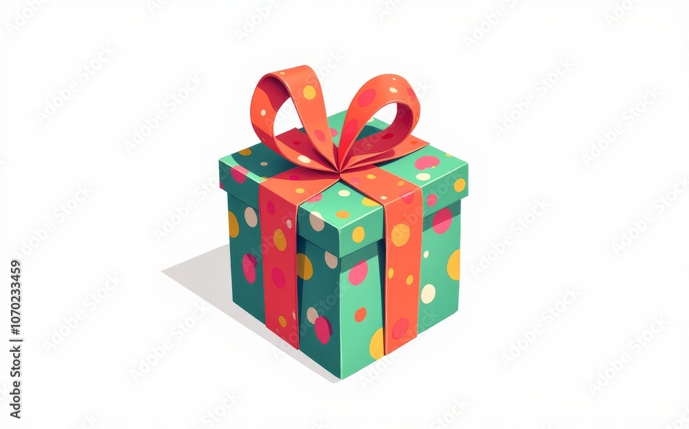 Obraz premium Colorful polka dot gift box with a vibrant ribbon and bow on a white background