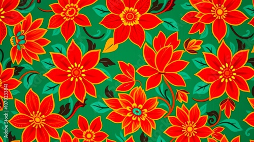 Wallpaper Mural Seamless pattern featuring vibrant red and orange flowers on a rich teal background, showcasing intricate details and a classic floral motif. Torontodigital.ca