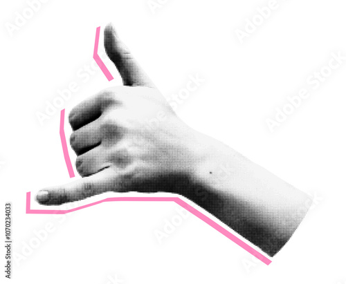 Trendy halftone collage element. Cut-out sticker of a shaka hand emoji gesture with dotted texture. Modern retro vector illustration isolated on transparent background