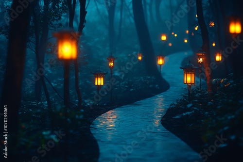 A tranquil winding path in a wooded area illuminated by glowing lanterns on a serene night