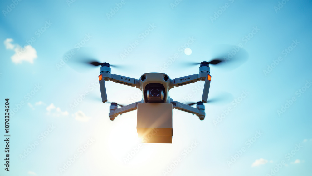 This image features a drone with a humanoid robot's head integrated into its front, set against a bright blue sky with a blurred horizon, suggesting high altitude. This image features a drone with a humanoid robot's head integrated into its front, set against a bright blue sky with a blurred horizon, suggesting high altitude.