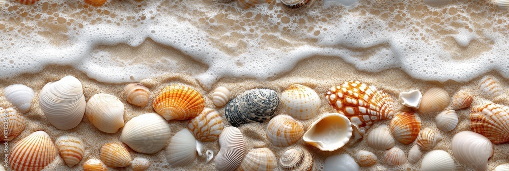 Serene Coastal Shell Mosaic, a tranquil arrangement of shells in soft, neutral tones creating a soothing beach-inspired design Serene Coastal Shell Mosaic, a tranquil arrangement of shells in soft, neutral tones creating a soothing beach-inspired design