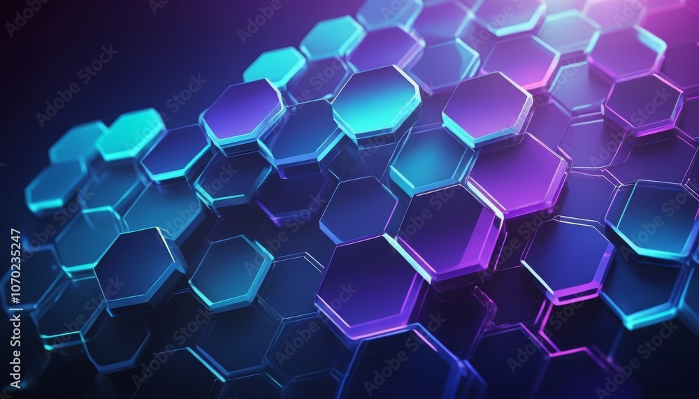 Abstract technology background with glossy hexagons in purple and teal colors Abstract technology background with glossy hexagons in purple and teal colors