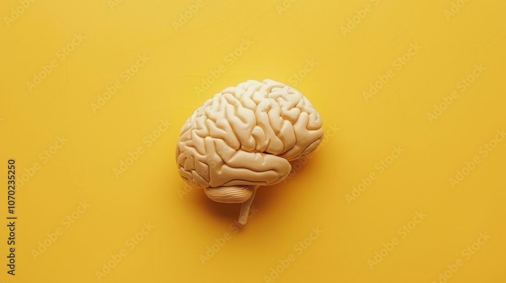 Image: human brain model on yellow background. Beige/white brain stands out. Simple, monochromatic, bright, vibrant feel. Image: human brain model on yellow background. Beige/white brain stands out. Simple, monochromatic, bright, vibrant feel.