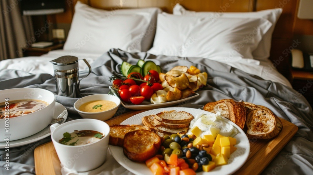 A cozy hotel room with a large bed displays a variety of food items on a wooden tray. The scene suggests a leisurely and indulgent experience. A cozy hotel room with a large bed displays a variety of food items on a wooden tray. The scene suggests a leisurely and indulgent experience.