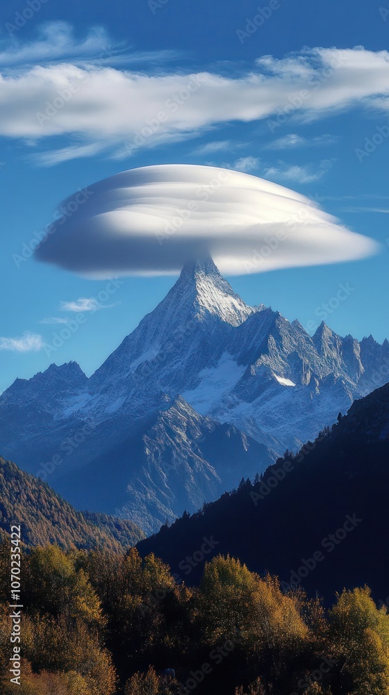 Fototapeta premium Cap clouds forming over tall mountain peaks, shaped like smooth caps hovering just above the summit