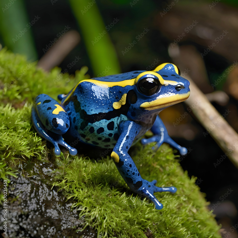 Fototapeta premium A vibrant poison dart frog in shades of blue