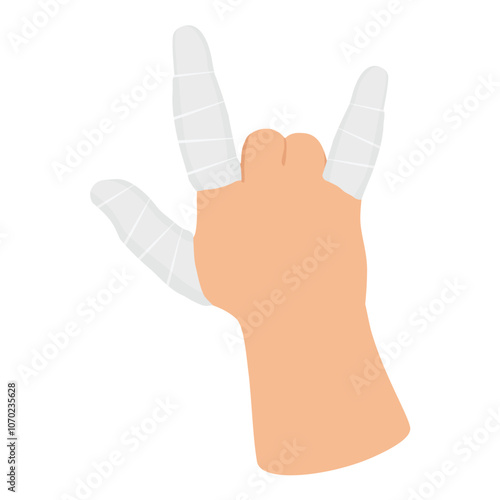 Hand trauma bandaged injured fingers. Rock and roll gesture